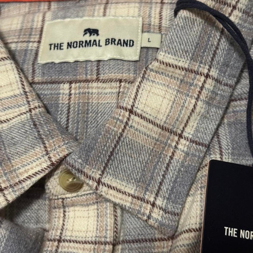 The Normal Brand Mens L Flannel Shirt Gray Blue Plaid Cotton Button Down NWT